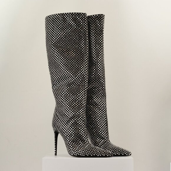 Dolce & Gabbana Lollo Knee-High Crystal-Embellished Stiletto Boots, Black, EU 36 - Picture 3 of 15
